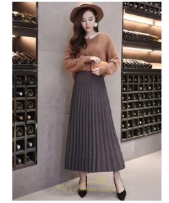 スカート | ニット秋冬 レディース ロングプリーツハイウエスト 大人 30代 ウエストゴム 40代 50代 ストレッチ 無地 エレガント 柔らか