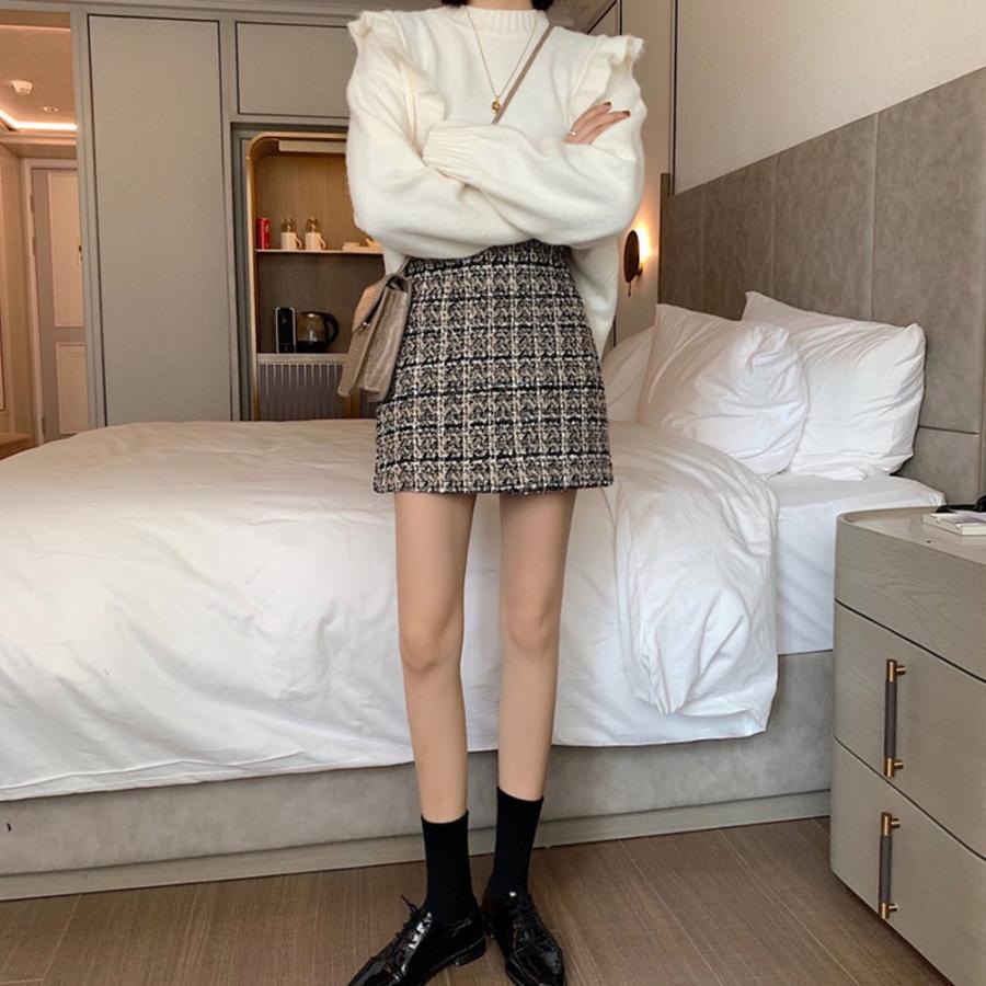 ひざ丈スカート | タイトスカート ハイウエスト チェック柄 レディース 台形スカート スカート ミニスカート ツイード