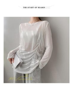 tシャツ・カットソー | Tシャツ Tシャツ レディース 無地 長袖 トップス カジュアルTシャツ おしゃれ クルーネック 秋服 夏秋 インナー 日常感 大きいサイズ 薄手 タック ゆったり 上品