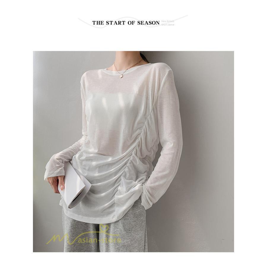 tシャツ・カットソー | Tシャツ Tシャツ レディース 無地 長袖 トップス カジュアルTシャツ おしゃれ クルーネック 秋服 夏秋 インナー 日常感 大きいサイズ 薄手 タック ゆったり 上品