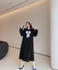 マキシ | 切り替えワンピース 長袖ワンピース 大きいサイズ ゆったり 体型カバー 黒ワンピース プリント ちょう 30代50代 かわいい 秋物 大人40代 レディース