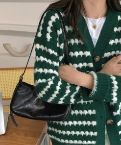 カーディガン | 配色ボーダー柄ニットカーディガンVネック
