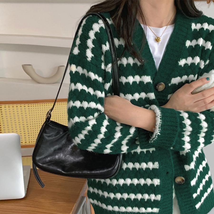 カーディガン | 配色ボーダー柄ニットカーディガンVネック