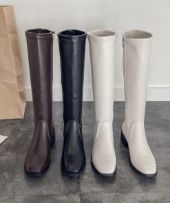 ニーハイブーツ | レディース スクエアトゥ レザー調 春秋冬 ロング丈 美脚 ローヒール 合皮 大人