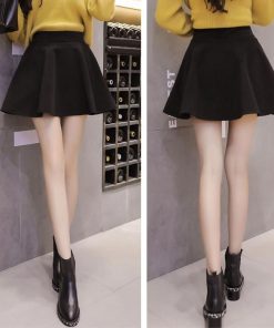 スカート | 秋冬ツイードフレアミニウエストゴム Aラインハイウエスト 無地 黒可愛い 膝上丈 大人 30代