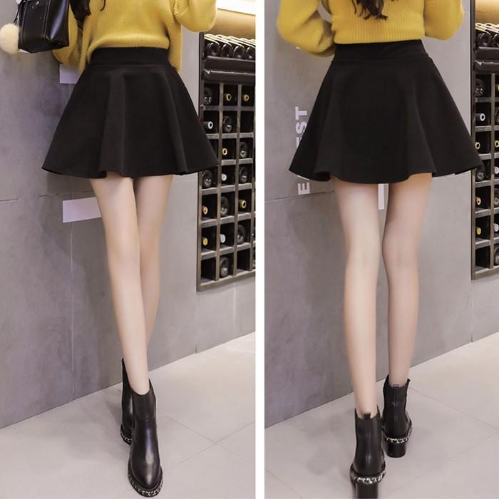 スカート | 秋冬ツイードフレアミニウエストゴム Aラインハイウエスト 無地 黒可愛い 膝上丈 大人 30代