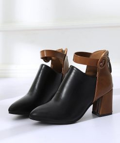 ショートブーツ | 大きいサイズレディース チャンキーヒール ポインテッドトゥ 太ヒール 合皮ブーツ バックファスナー ブーツ 黒ブーツ バイカラー ミドルヒール