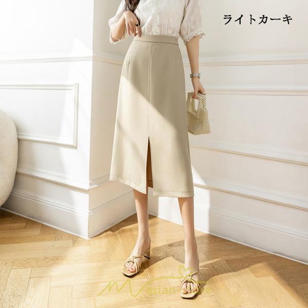 スカート | ボトムス 膝下 スリット ひざ下 Aライン ウエストゴム 楽 大人 きれいめ 20代 30代 40代 サイドチャック 通勤 上品 ビジネス オフィス