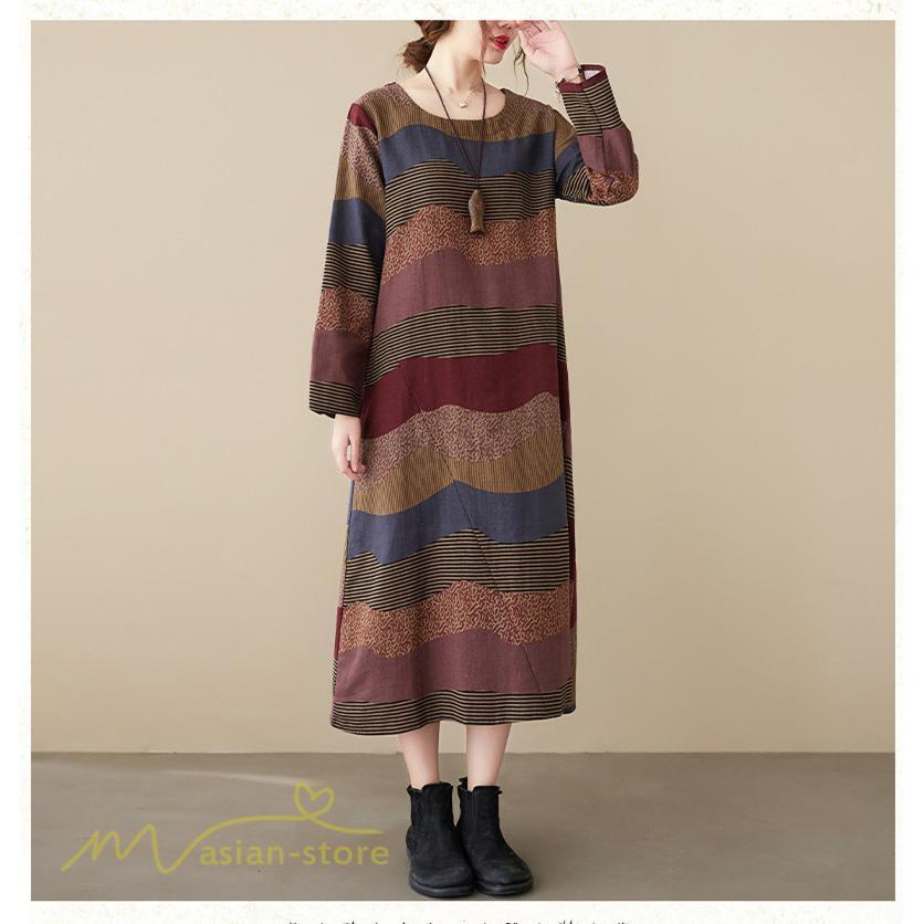 マキシ | ワンピース ロング丈 レディース シンプル 長袖ワンピース Aライン 秋コーデ カジュアル 丸首 40代 体型カバー ゆるワンピース 大きいサイズ ゆったり 50代