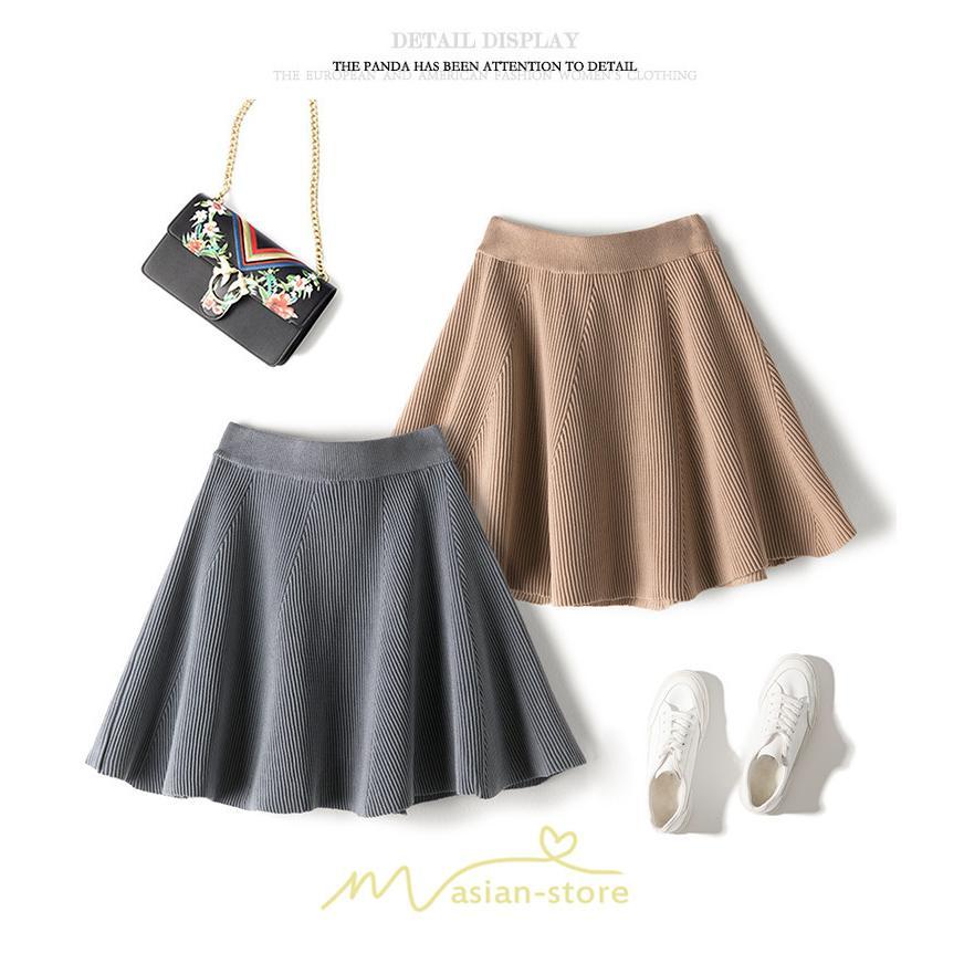 スカート | レディース ボトムス ミニ丈 ひざ上 ウエストゴム 楽ちん ゆったり ニット 秋冬 韓国風 Aライン フレア デート 着痩せ 可愛い お出かけ 脚長効果