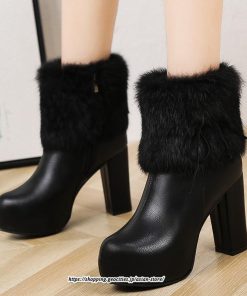 ブーツ | ショートレディース 10.5cmヒール ファー サイドジッパー 太めヒール 冬用 保温 防寒 あったか 疲れない オシャレ 歩きやすい 冬靴 痛くない