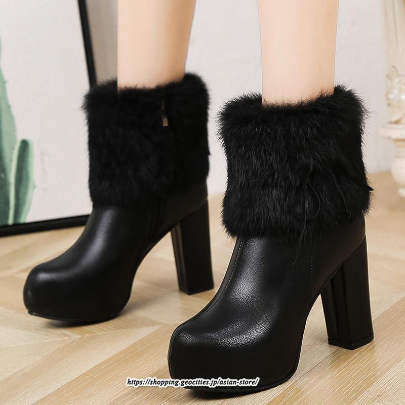 ブーツ | ショートレディース 10.5cmヒール ファー サイドジッパー 太めヒール 冬用 保温 防寒 あったか 疲れない オシャレ 歩きやすい 冬靴 痛くない