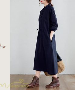 ワンピース | 長袖綿麻Aラインレディース ロングミモレ丈 無地 シャツカワイイ 大人 ワンピ