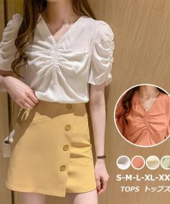 シャツ・ブラウス | シャツ ブラウス レディース バルーンスリーブ 半袖ブラウス Vネック トップス ファッション 無地 シャーリング サマー 通学 通勤 着痩せ 着回し 2020夏新作