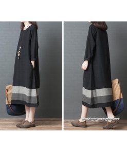 マキシ | リネンワンピース50代レディース綿麻風 長袖秋物 丸ネック 無地 Aラインワンピース ミモレ丈ワンピース サイドポケット ワンピース 30代40代 シンプル 大人