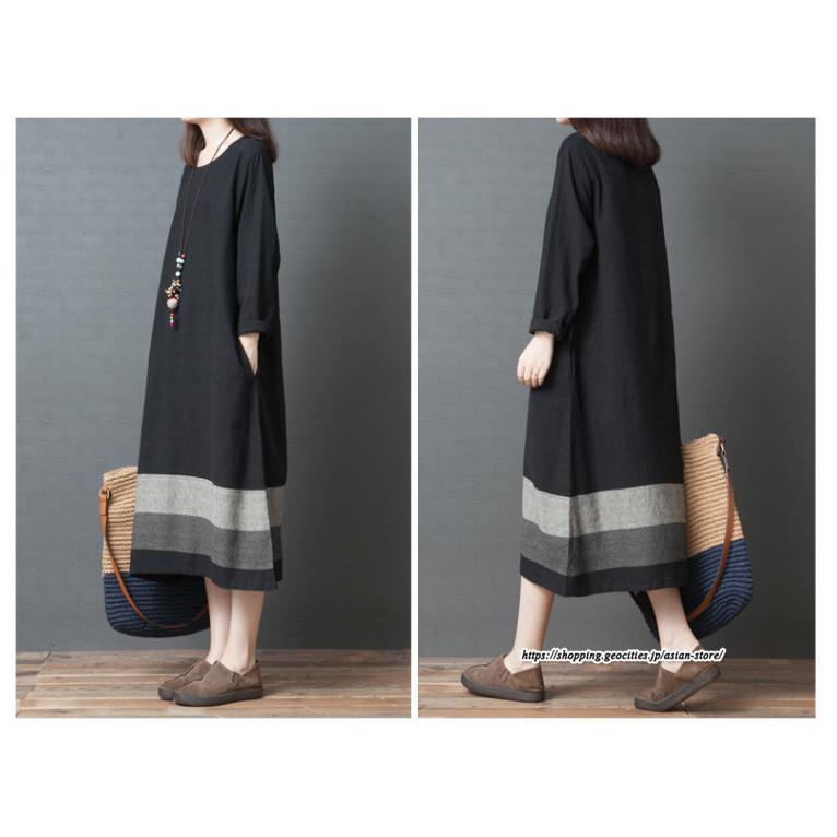 マキシ | リネンワンピース50代レディース綿麻風 長袖秋物 丸ネック 無地 Aラインワンピース ミモレ丈ワンピース サイドポケット ワンピース 30代40代 シンプル 大人