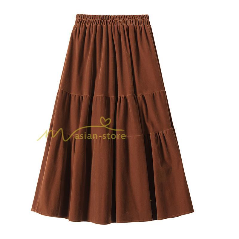 スカート | ロングティアードAラインミモレ丈 フレアビロードウエストゴム ハイウエスト 秋冬 無地 ゆったり