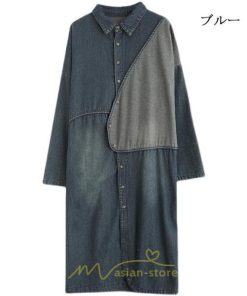 デニムワンピース | ワンピース 長袖 シャツワンピース デニムシャツ ジャケット 前開き 無地 Aラインワンピ ロングワンピ ワンピ スリム 20代30代40代 可愛い