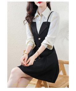 ミニ丈 | 切り替えワンピース 秋 レディース フェイク レイヤード風 ミニワンピース 膝上丈 Aラインワンピース オフィス 可愛い フォーマル エレガント シャツカラー 大人