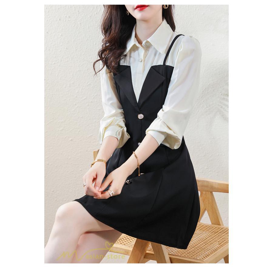 ミニ丈 | 切り替えワンピース 秋 レディース フェイク レイヤード風 ミニワンピース 膝上丈 Aラインワンピース オフィス 可愛い フォーマル エレガント シャツカラー 大人