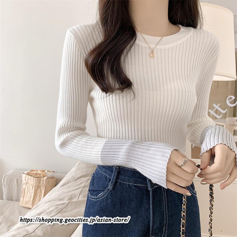 ニット・セーター | カットソー ニット レディース リブニット 長袖 秋冬 春 トップス スリム ストレッチ インナー 無地 長袖ニット 通学通勤 着痩せ 長袖カットソー プルオーバー