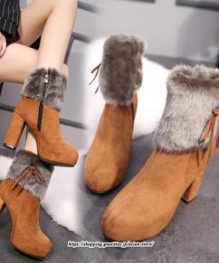 ブーツ | ショートレディース 10cmハイヒール ファー 冬用 保温防寒 太めヒール サイドジッパー あったか 痛くない オシャレ 冬靴 痛くない 歩きやすい