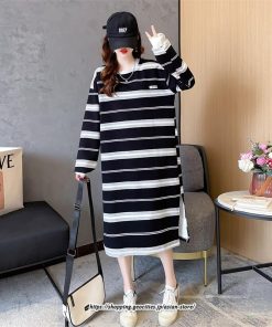 マキシ | ワンピース レディース 秋 秋服 綿コットン ボーダー柄 コットン ワンピース 長袖ボーダー ロングワンピース サイドスリット 20代 40代 30代 50代