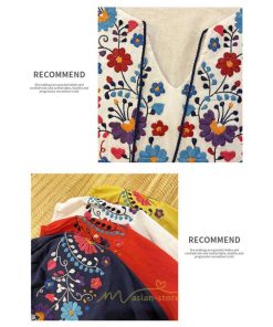 マキシ | ワンピース ロングワンピ パーティー お呼ばれ デート ゆったり 女子会 食事会 白 赤 黄色 青 Aライン 長袖 エスニック風 2022年夏秋新作 刺繍 Vネック 綿麻