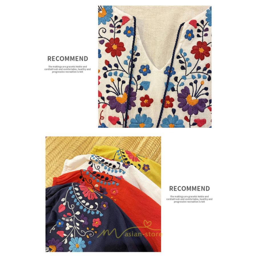 マキシ | ワンピース ロングワンピ パーティー お呼ばれ デート ゆったり 女子会 食事会 白 赤 黄色 青 Aライン 長袖 エスニック風 2022年夏秋新作 刺繍 Vネック 綿麻