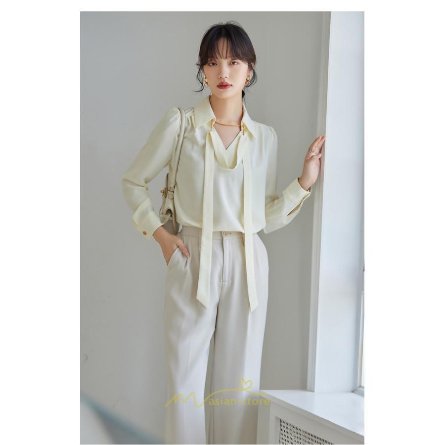 シャツ・ブラウス | ブラウス レディース シャツ トップス Vネック 長袖シャツ 無地 オフィス カジュアル おしゃれ シフォン 着痩せ OL リボン 通勤 20代30代40代50代