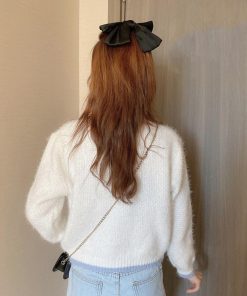 ニット・セーター | アウター Uネック パールボタン付き レディース 無地 ニットカーディガン 長袖 ショートニット ニットトップス