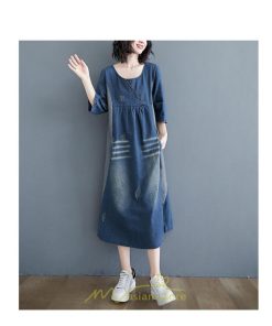 デニムワンピース | ワンピース レディース 夏 ロング丈 春 秋 七分袖 切り替え 大きいサイズ ゆったり 人気 体型カバー 20代30代40代 送料無料 着痩せ