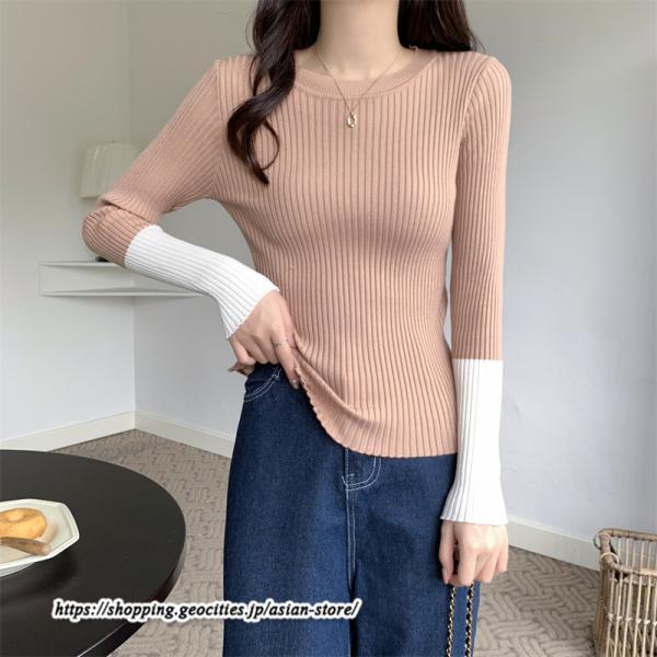 ニット・セーター | カットソー ニット レディース リブニット 長袖 秋冬 春 トップス スリム ストレッチ インナー 無地 長袖ニット 通学通勤 着痩せ 長袖カットソー プルオーバー