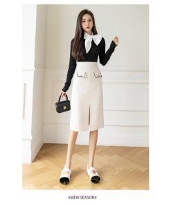 スカート | ロング丈 ミモレ丈 ハイウエスト Aライン レディース エレガント レトロ風 着痩せ 秋冬 スリット 女子会 ビジネス 通勤 OL フォーマル 就活　