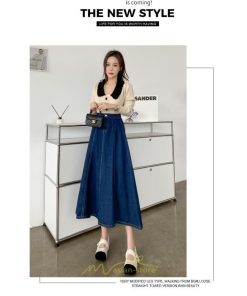 スカート | デニムフレアミモレ丈 ロングt丈 シンプル ゆったり レディース フレア 大人 秋冬 ハイウエスト 美脚 韓国ファッション 可愛い