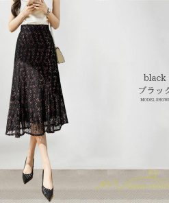 スカート | レーススカートロング丈 ハイウエスト エレガント キレイめ 通勤 日常 大人 リゾートロング 秋 花柄 柔らか 無地 ボトムス レディース ンプル