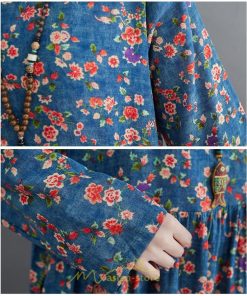 マキシ | ワンピース レディース 大きいサイズ 長袖 ロング丈 マキシ丈 丸首 コットン 花柄 青 夏 秋 体型カバー 着痩せ ゆったり ポケット 美シルエット 広がる裾 通勤