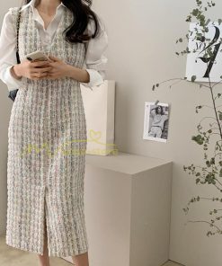 マキシ | ワンピース ノースリーブ Vネック ミモレ丈 ツイードワンピース スリット キラキラ 美ライン 女シルエット エレガント 秋物 レディース 秋冬 フェミニン