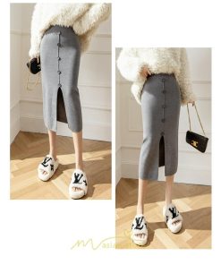 スカート | レディース ロング丈 ミモレ丈 ニット 秋冬 韓国風 スリット ハイウエスト Aライン 着痩せ 小柄 大人可愛い 20代30代40代50代 フェミニン 脚長効果