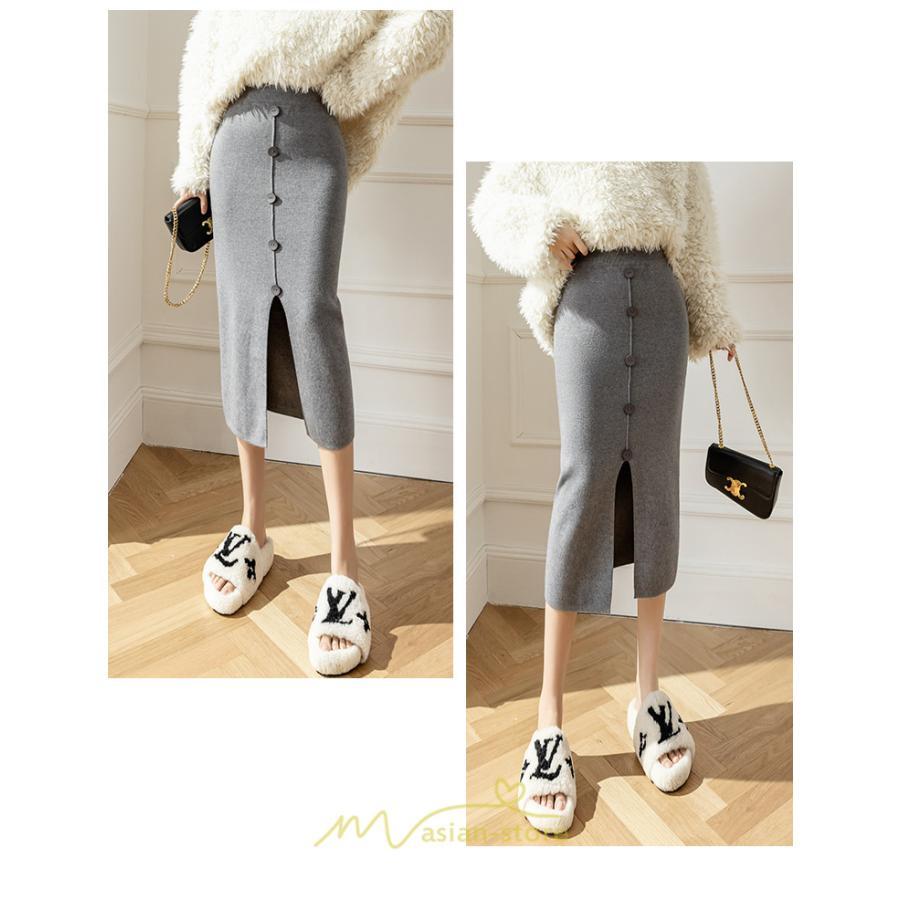 スカート | レディース ロング丈 ミモレ丈 ニット 秋冬 韓国風 スリット ハイウエスト Aライン 着痩せ 小柄 大人可愛い 20代30代40代50代 フェミニン 脚長効果