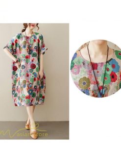 ミディアム | ミディアムワンピース レディース 膝丈 ゆるワンピース 花柄 きれいめ フリーサイズ ゆったり 半袖 麻 綿 リネン 女性着 きれいめ コットン クルーネック 着回し