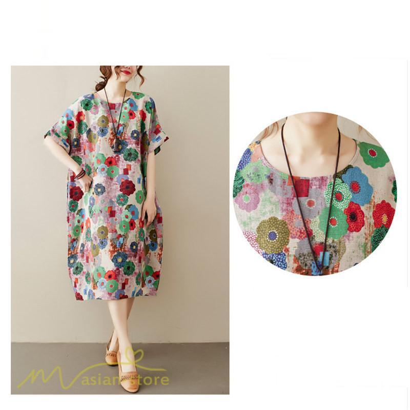 ミディアム | ミディアムワンピース レディース 膝丈 ゆるワンピース 花柄 きれいめ フリーサイズ ゆったり 半袖 麻 綿 リネン 女性着 きれいめ コットン クルーネック 着回し