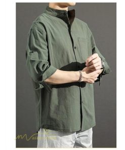 シャツ | 夏メンズ 麻 綿 カジュル 7分丈 カッコイイ ワイドゆったり 夏コーデ 新作 サマー風 スタンドカラー 日常感 無地 5XL ボタン 上品 大きいサイズ