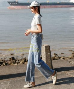 ジーンズ、デニム | デニムパンツ 裾フリンジ スタイリッシュ ハイウエスト ストレートパンツ デイリーコーデ ワイドパンツ 夏コーデ 2020新制作 シングルブレスト マキシ丈パンツ