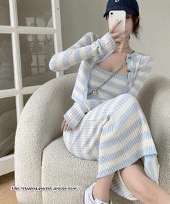 カーディガン | ニットワンピース リブニット トップス キャミワンピース ボーダー ニット 長袖 タイト ニットワンピース スリム セクシー 20代