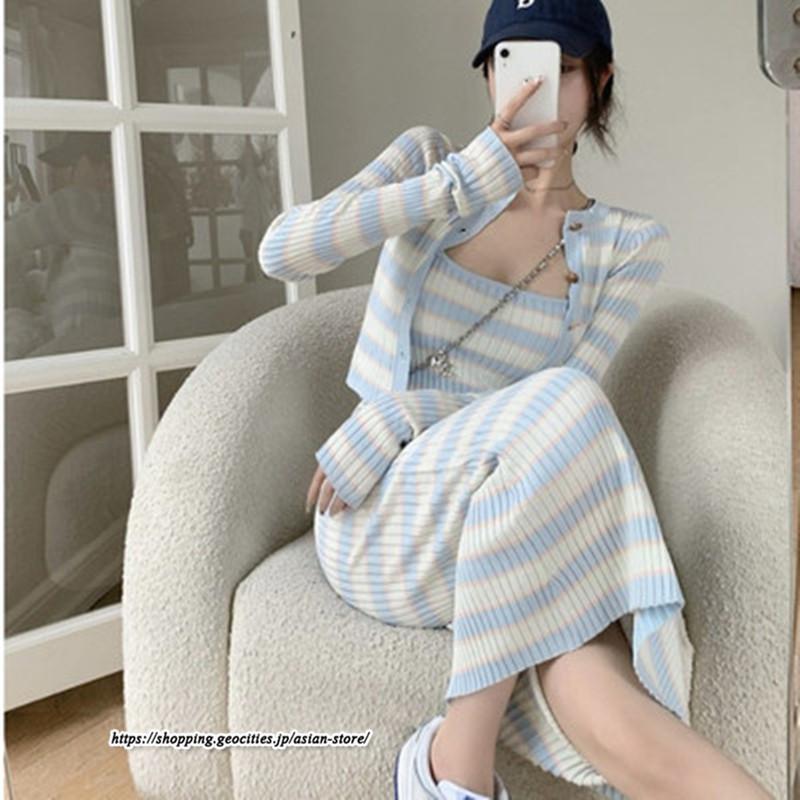 カーディガン | ニットワンピース リブニット トップス キャミワンピース ボーダー ニット 長袖 タイト ニットワンピース スリム セクシー 20代