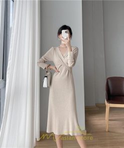 ニットワンピース | 二ットワンピース レディース ニットワンピ Vネック 長袖 トップス チュニック ロング丈 ミモレ丈 着痩せ 秋 冬 コーデ 20代30代40代 フェミニン 上品 大人