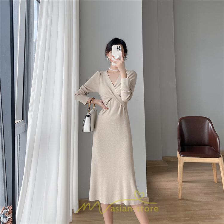 ニットワンピース | 二ットワンピース レディース ニットワンピ Vネック 長袖 トップス チュニック ロング丈 ミモレ丈 着痩せ 秋 冬 コーデ 20代30代40代 フェミニン 上品 大人