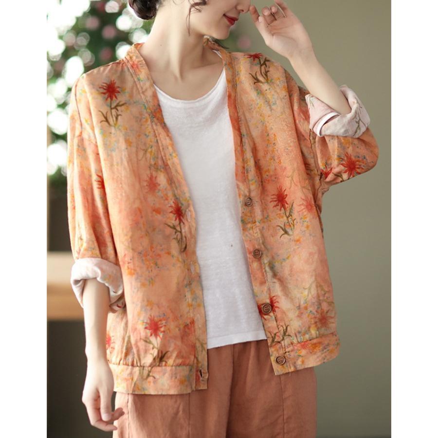 カーディガン | 麻混 レディース 花柄 初秋 リネン カジュアル Vネック 長袖 羽織 きれいめ 春 夏 秋 薄手 おしゃれ 40代50代 ゆったり 20代30代 大きいサイズ