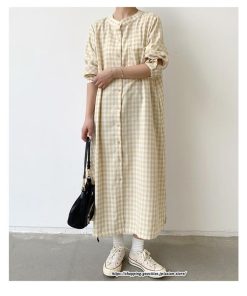 マキシ | 長袖ワンピース チェック柄ワンピース ロングワンピース レディース 秋物 ワンピース 楽チン 綿ワンピース 綿シャツワンピ スタンドカラー ゆったり 大きめ